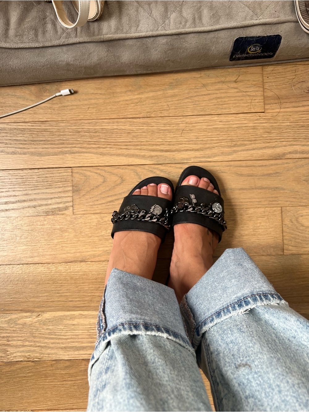 Karl Lagerfeld Black Slide Sandals with Chain and Embellishments